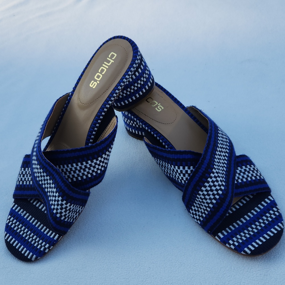 Chico’s Wyn Woven Cross-Strap Block Heel Mules - Blue & White - Size 9.5M
